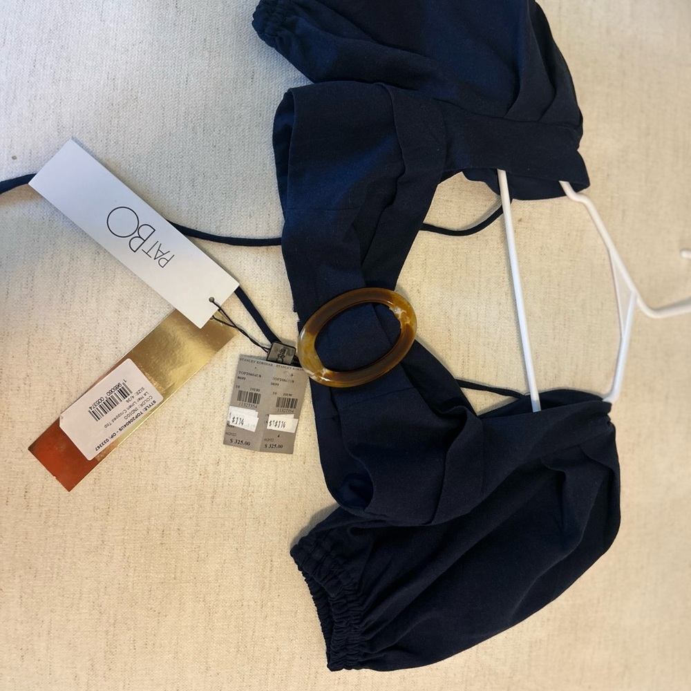 PatBO Navy La Mer linen cropped top